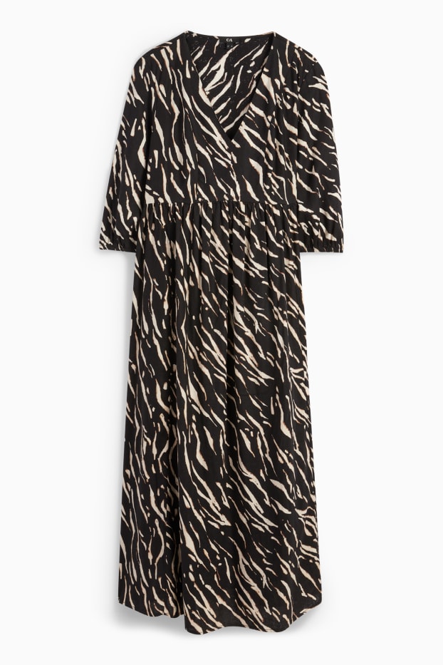 Dona - Vestit fit & flare amb coll en punta - mescla de lli - estampat - negre
