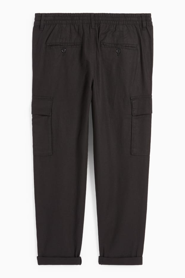 Men - Cargo trousers - tapered fit - linen blend - black