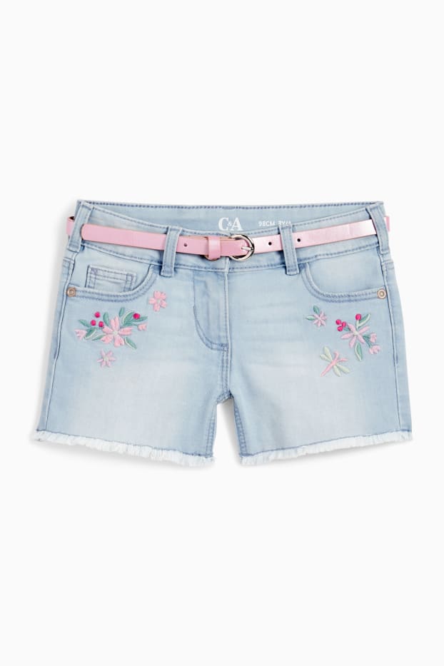 Niñas - Flores - shorts vaqueros con cinturón - vaqueros - azul claro