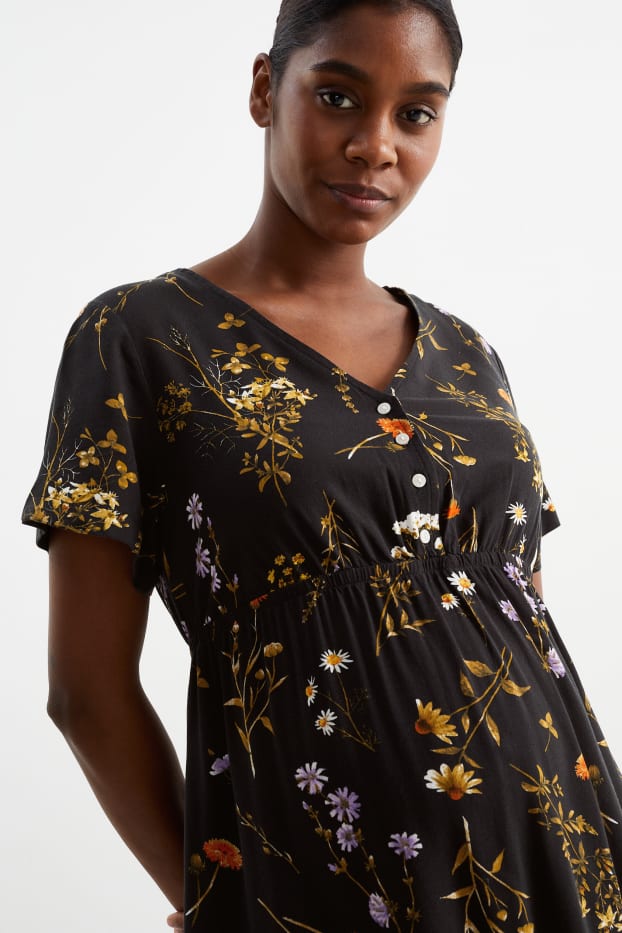 Damen - Viskose-Still-Kleid - geblümt - schwarz