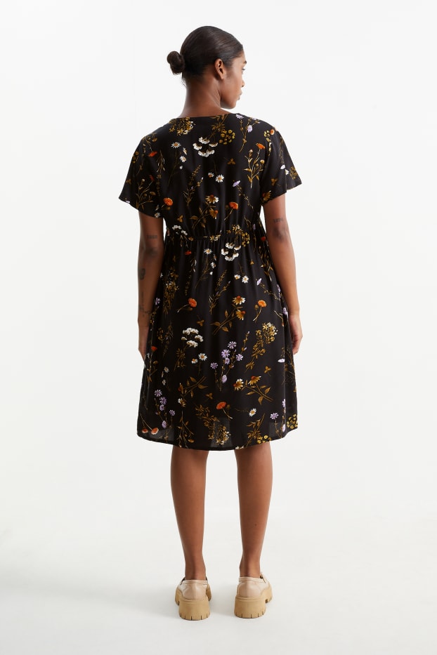 Damen - Viskose-Still-Kleid - geblümt - schwarz