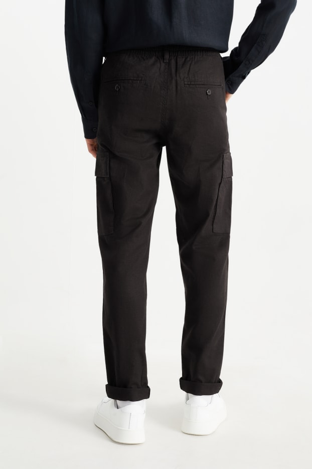 Men - Cargo trousers - tapered fit - linen blend - black