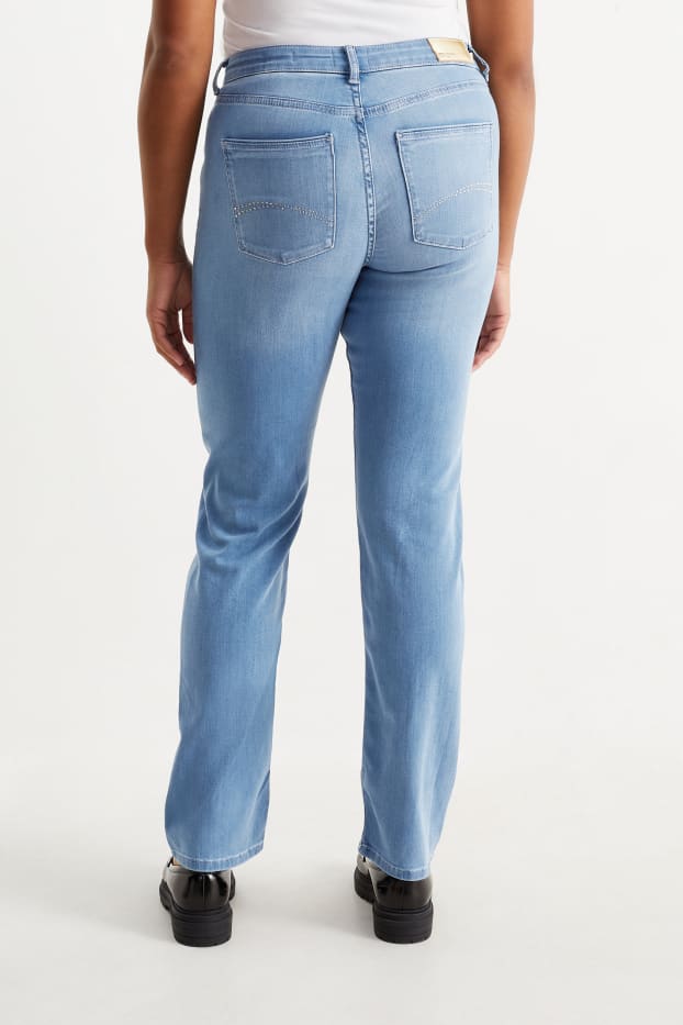 Women - Straight jeans with rhinestones - mid-rise waist - denim-light blue