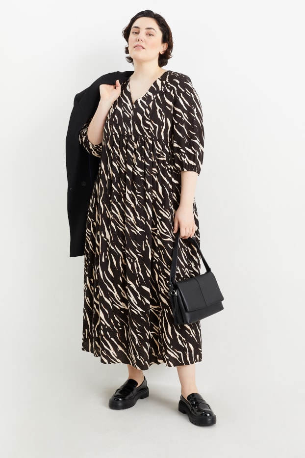 Dona - Vestit fit & flare amb coll en punta - mescla de lli - estampat - negre
