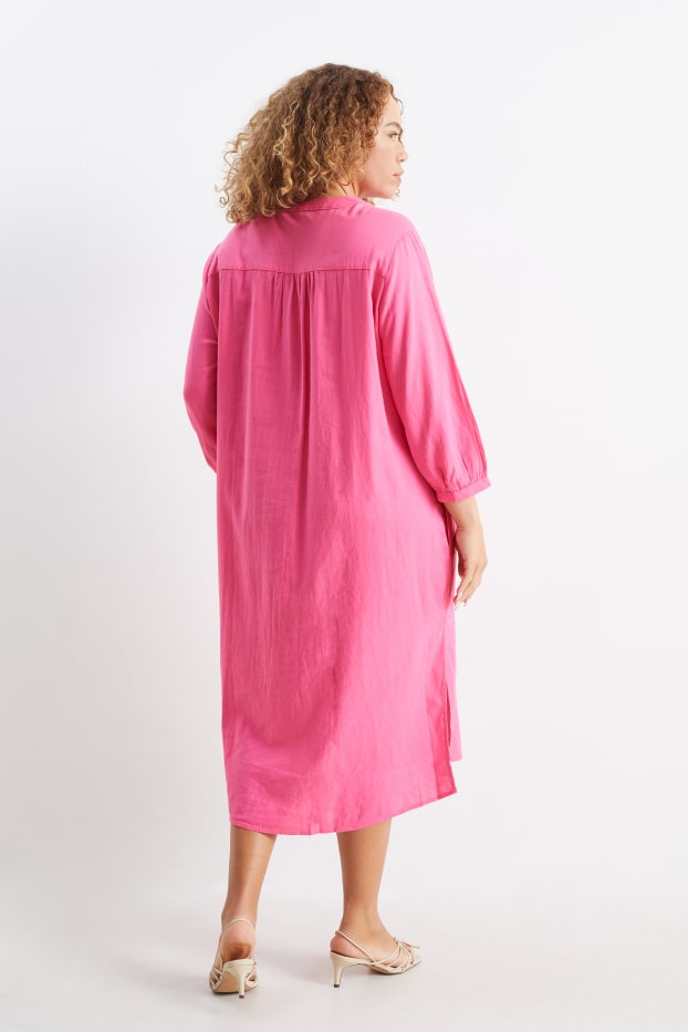 Femmes - Robe chemisier à col en V - lin mélangé - rose