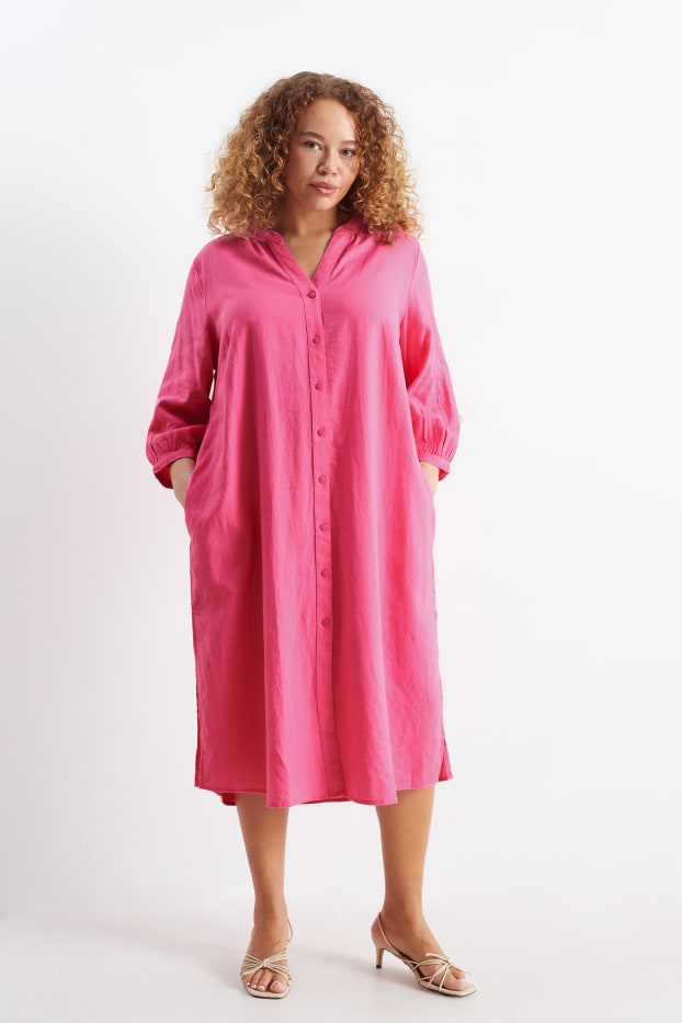 Femmes - Robe chemisier à col en V - lin mélangé - rose