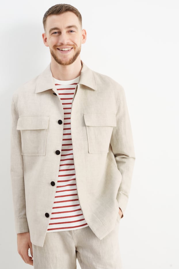 Heren - Overhemdjas - gevoerd - linnenmix - licht beige