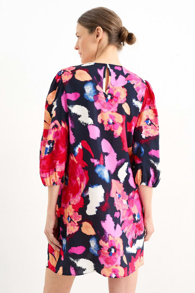 Damen - Kleid mit Puffärmeln - geblümt - dunkelblau