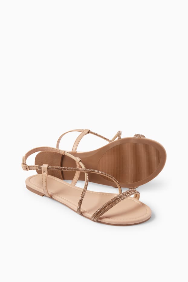 Damen - Sandalen mit Strasssteinen - Lederimitat - hellbeige