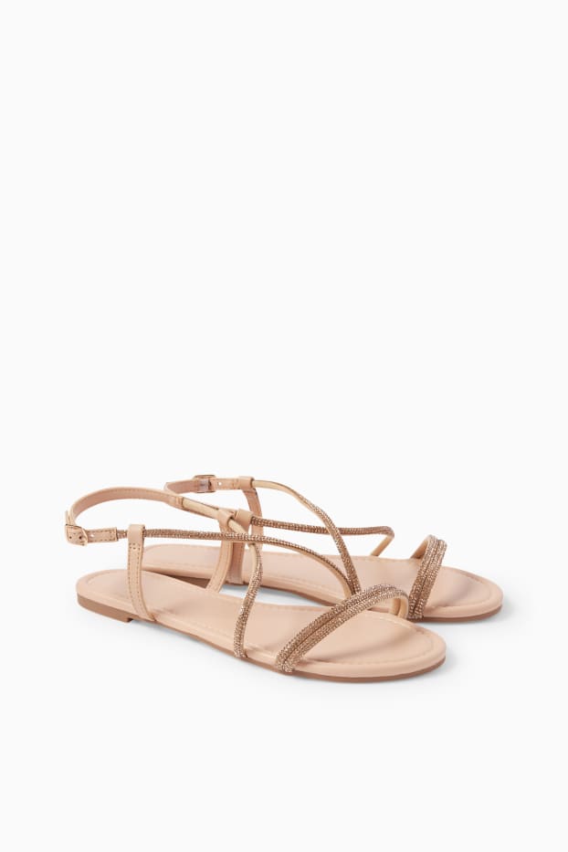 Damen - Sandalen mit Strasssteinen - Lederimitat - hellbeige