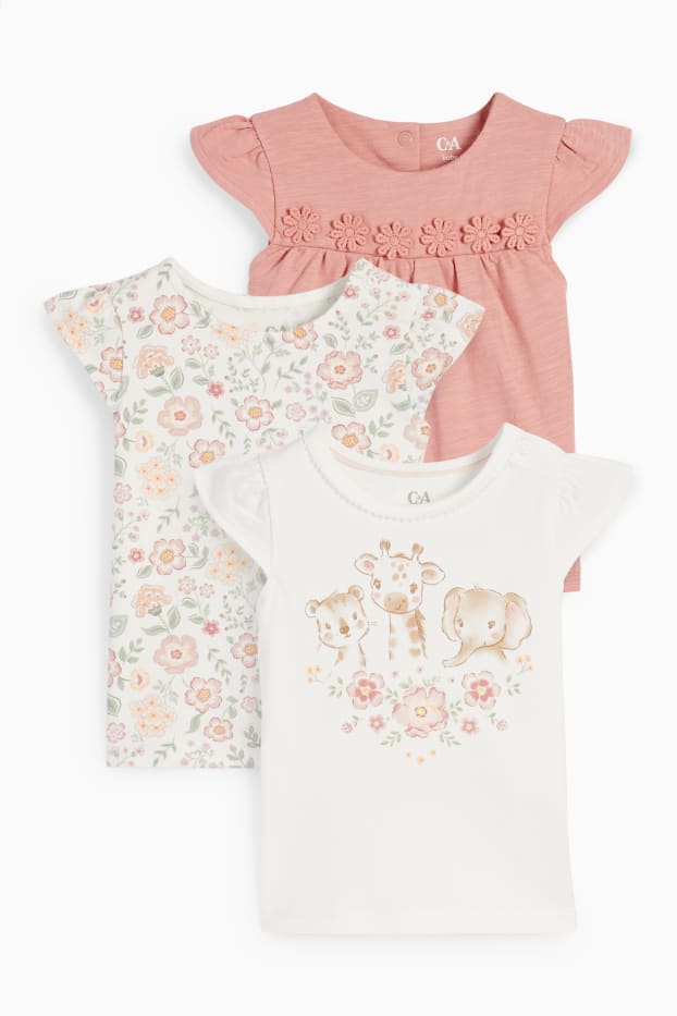Bebeluși - fete - Multipack 3 buc. - floricele și animale sălbatice - tricou cu mânecă scurtă bebeluși - alb-crem