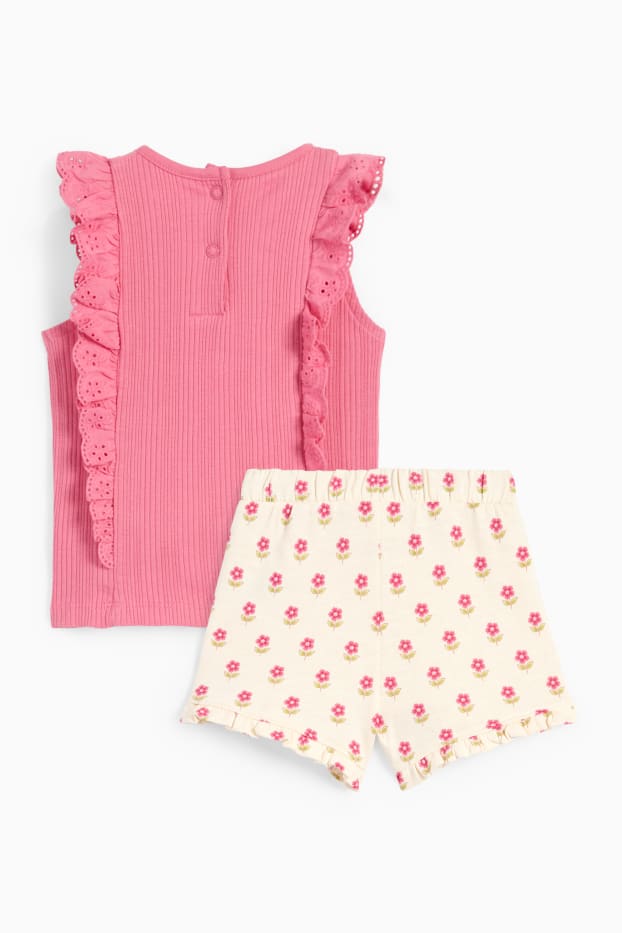 Baby: meisjes - Bloemetjes - baby-outfit - 2-delig - donker rose