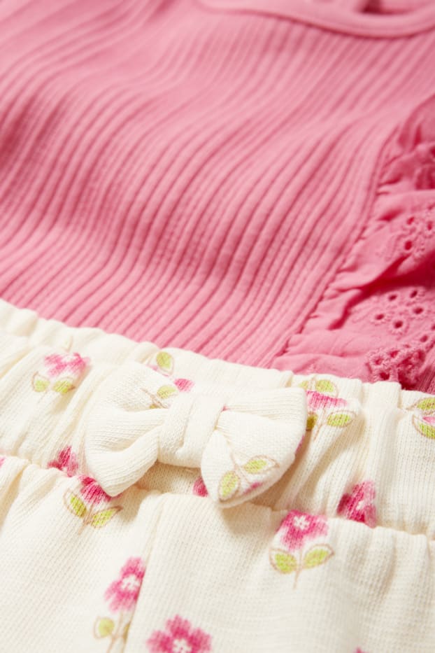 Baby: meisjes - Bloemetjes - baby-outfit - 2-delig - donker rose