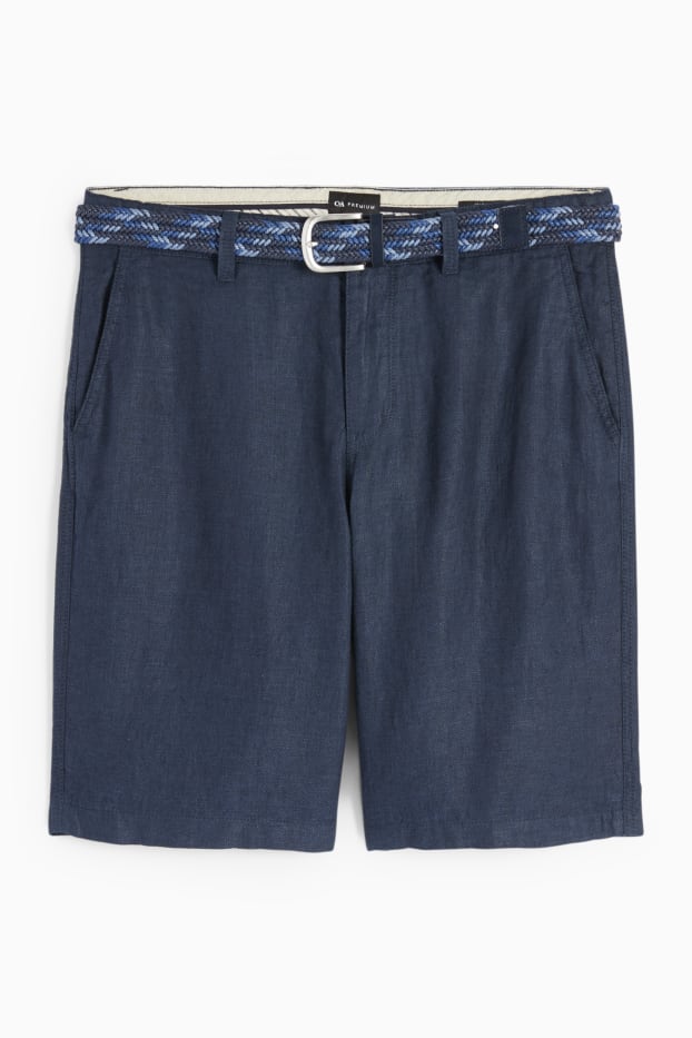 Men - Linen shorts with belt - striped - dark blue