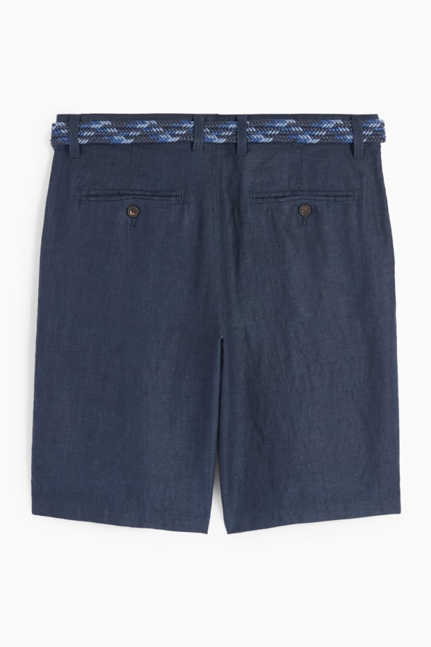 Men - Linen shorts with belt - striped - dark blue
