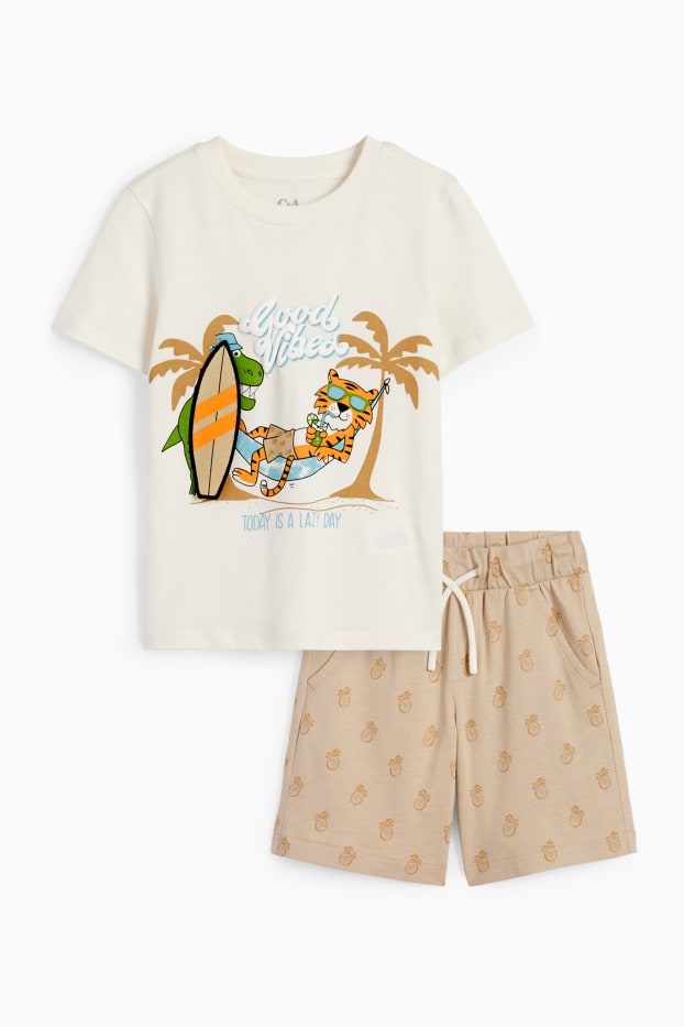 Children Boys - Summer - set - short sleeve T-shirt and shorts - 2 piece - cremewhite