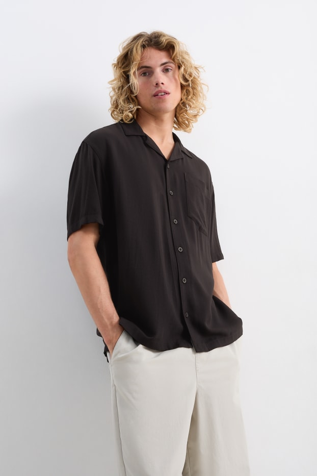 Heren - Overhemd - relaxed fit - reverskraag - zwart