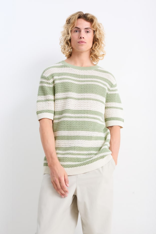 Hommes - Pull en maille - manches courtes - à rayures - blanc / vert