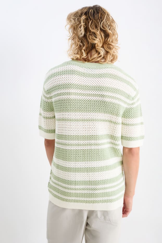 Hommes - Pull en maille - manches courtes - à rayures - blanc / vert