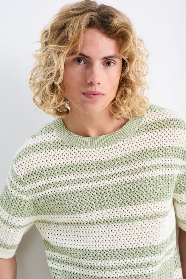 Hommes - Pull en maille - manches courtes - à rayures - blanc / vert