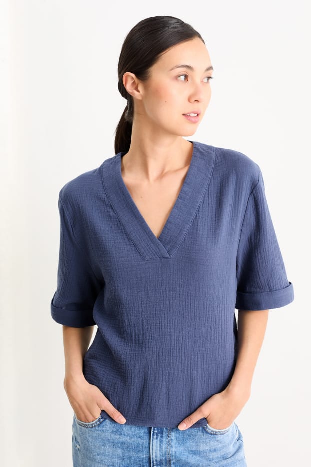Damen - Musselin-Bluse mit V-Ausschnitt - dunkelblau