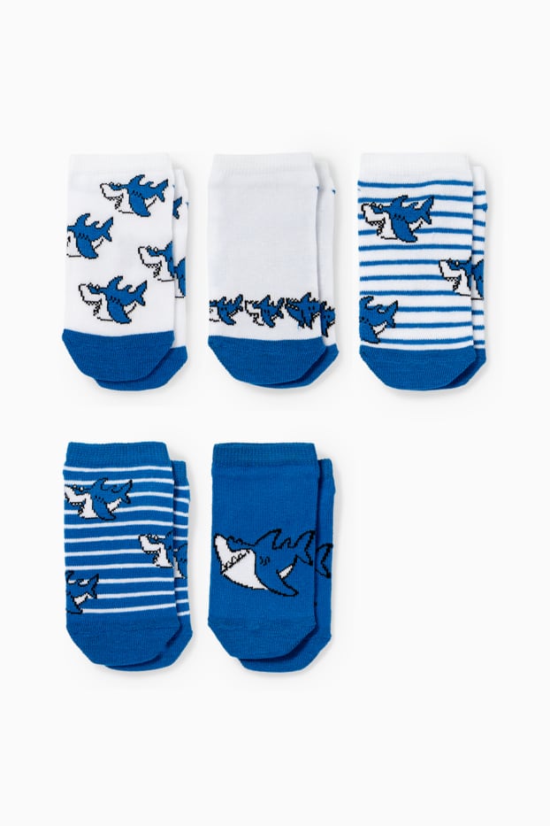 Children Boys - Multipack of 5 - shark - trainer socks with motif - blue