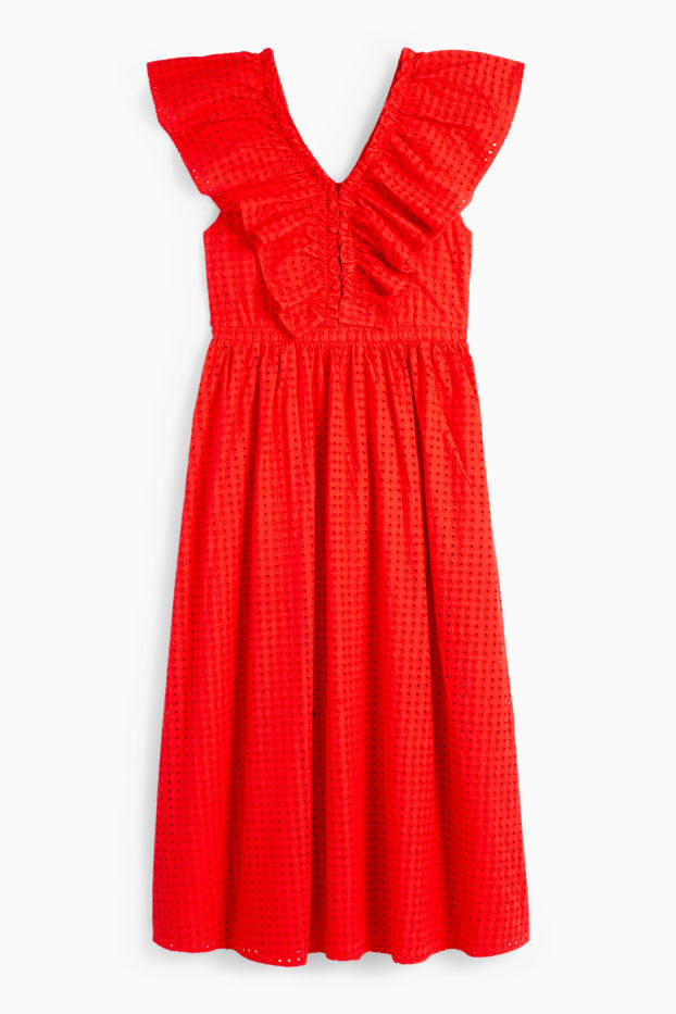 Dámské - Šaty fit & flare s výstřihem ve tvaru V - Broderie anglaise - červená