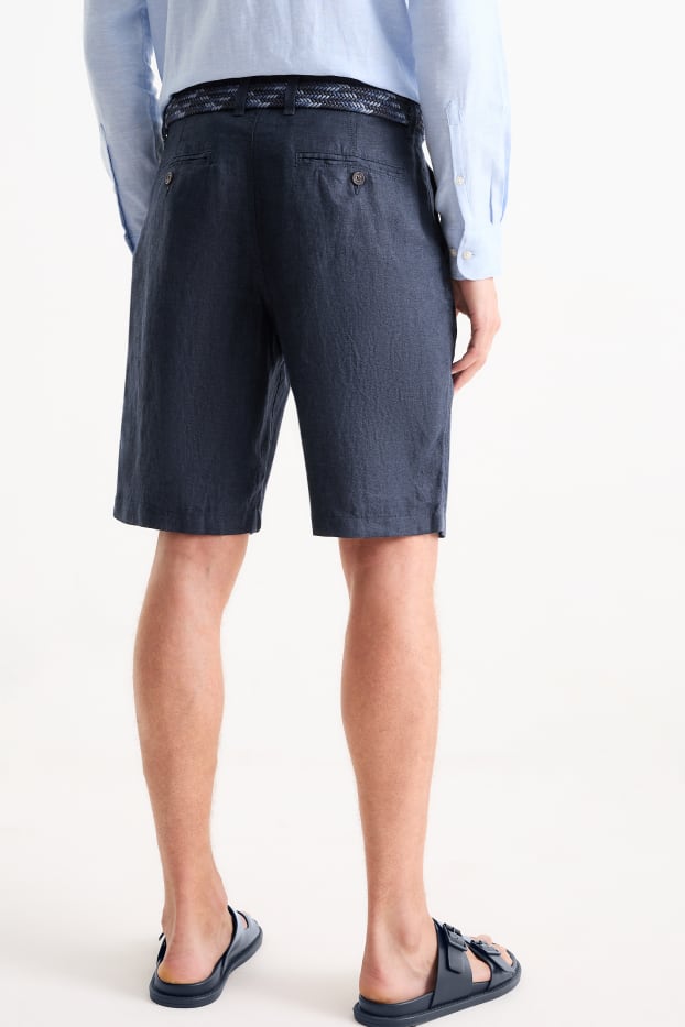 Men - Linen shorts with belt - striped - dark blue