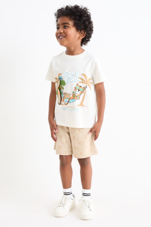 Children Boys - Summer - set - short sleeve T-shirt and shorts - 2 piece - cremewhite