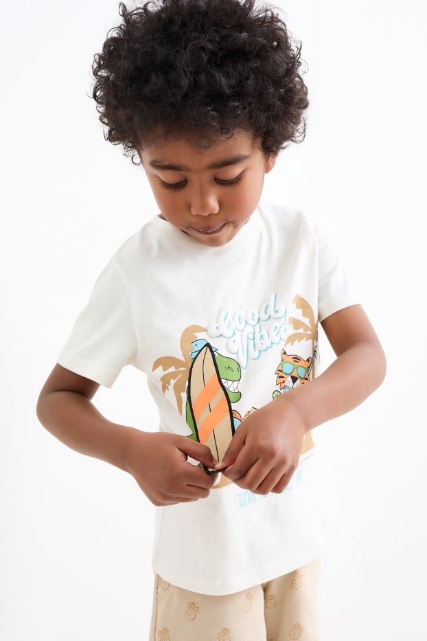 Children Boys - Summer - set - short sleeve T-shirt and shorts - 2 piece - cremewhite
