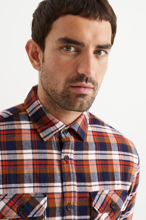 Men - Flannel shirt - regular fit - Kent collar - check - brown