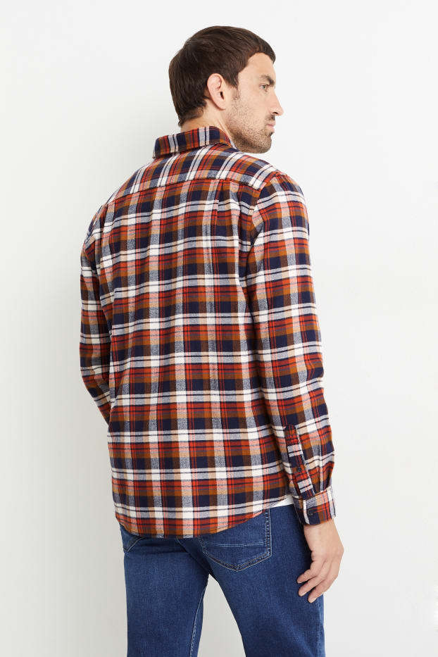 Men - Flannel shirt - regular fit - Kent collar - check - brown