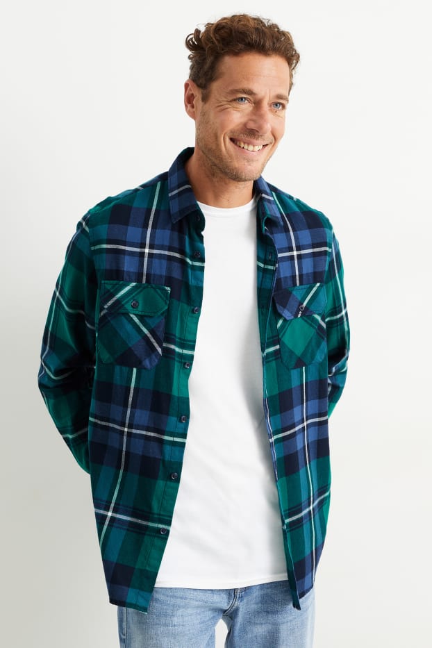 Home - Camisa - regular fit - coll kent - de quadres - verd