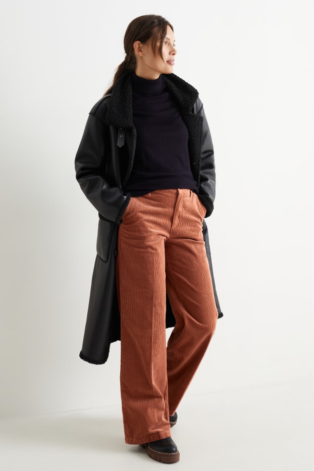 Femmes - Pantalon en velours côtelé - high waist - wide leg - marron