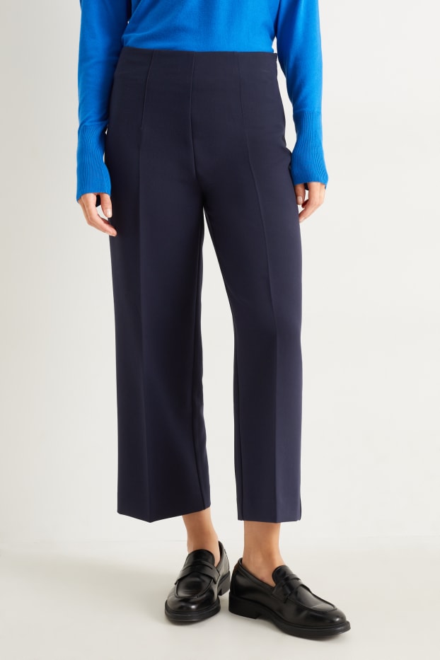 Dámské - Plátěné kalhoty - high waist - wide leg - tmavomodrá