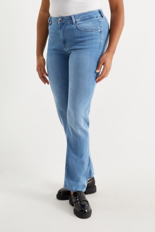 Women - Straight jeans with rhinestones - mid-rise waist - denim-light blue