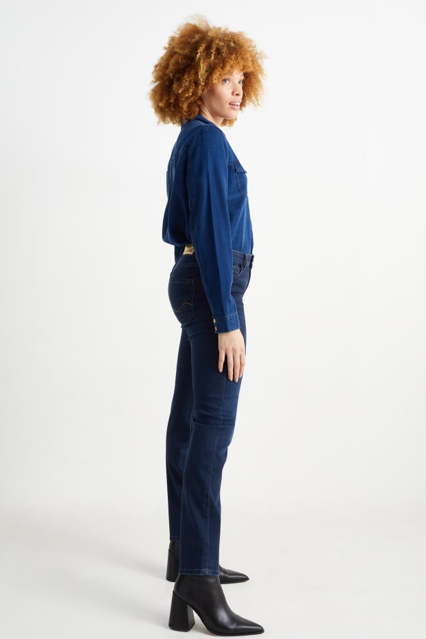 Damen - Straight Jeans mit Strasssteinen - Mid Waist - LYCRA® - dunkeljeansblau