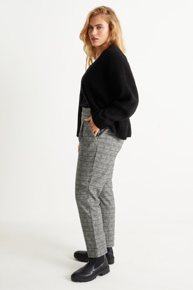 Dámské - Plátěné kalhoty - high waist - tapered fit - kostkované - šedá