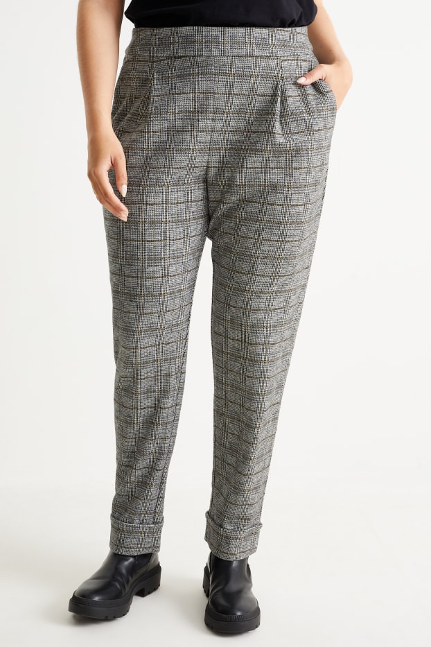 Dámské - Plátěné kalhoty - high waist - tapered fit - kostkované - šedá