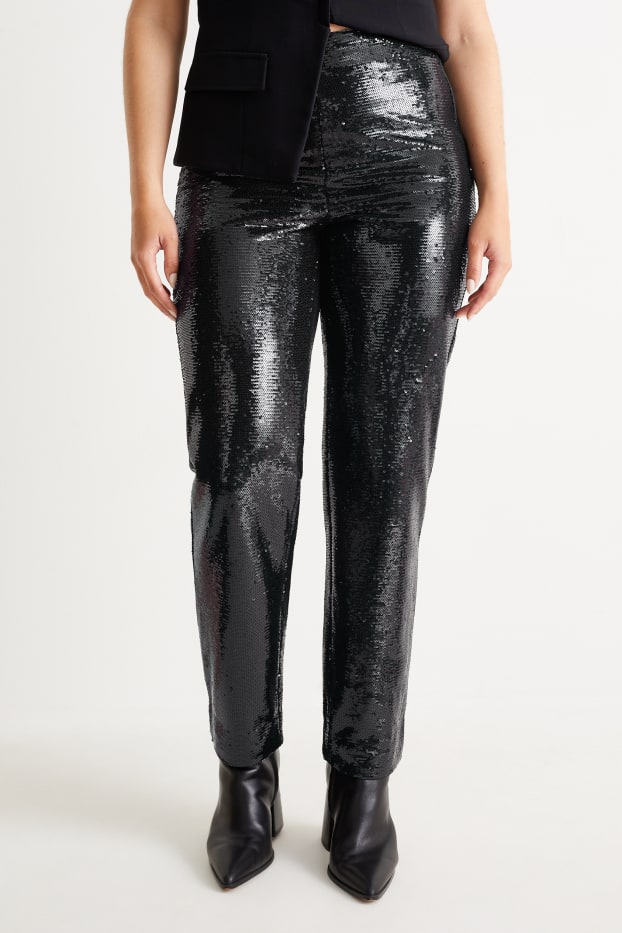 Women - Sequin trousers - high waist - tapered fit - black