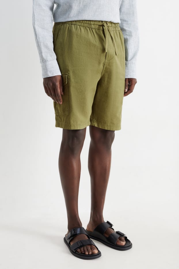 Uomo - Shorts cargo - misto lino - verde scuro
