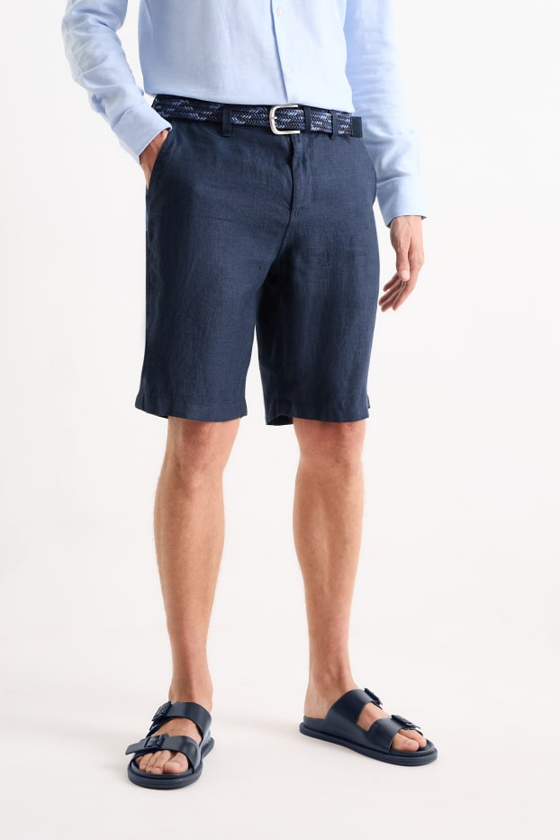 Men - Linen shorts with belt - striped - dark blue