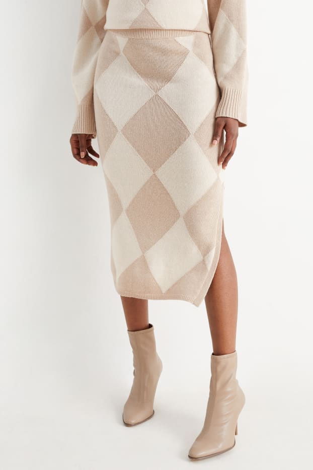 Women - Knitted skirt with cashmere - check - beige