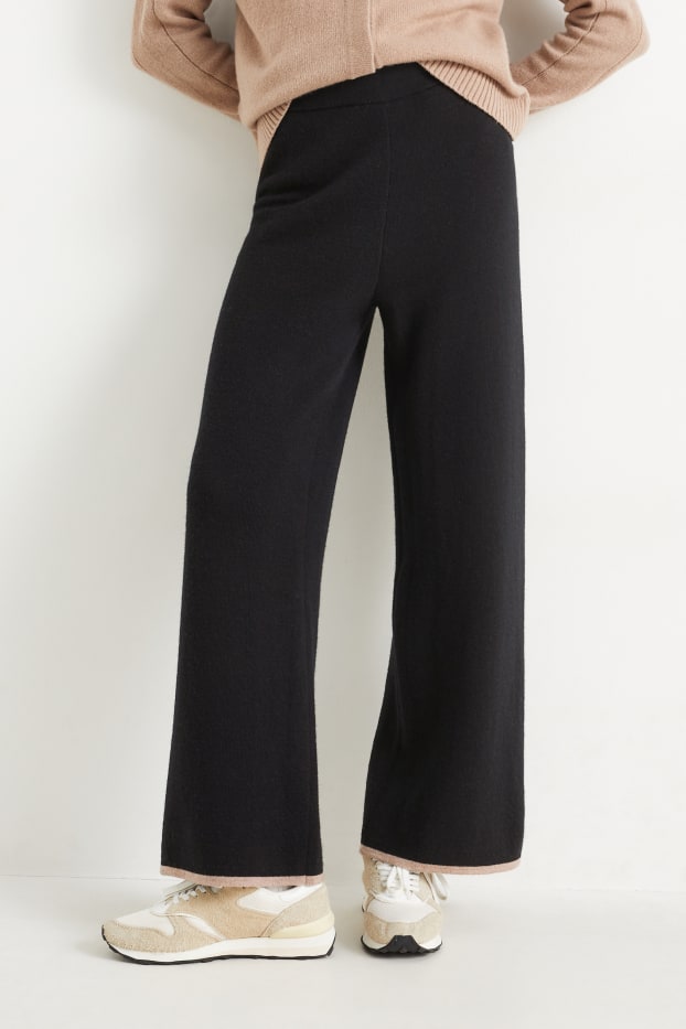 Women - Knitted trousers - mid-rise waist - wide leg - wool blend - black