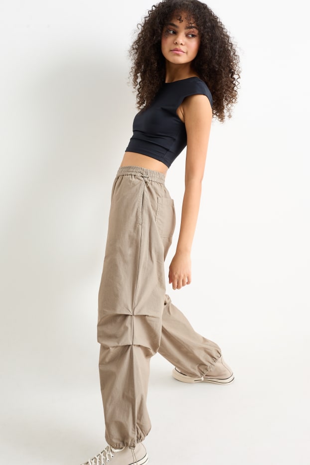 Dámské - Plátěné kalhoty - mid waist - straight fit - světle hnědá