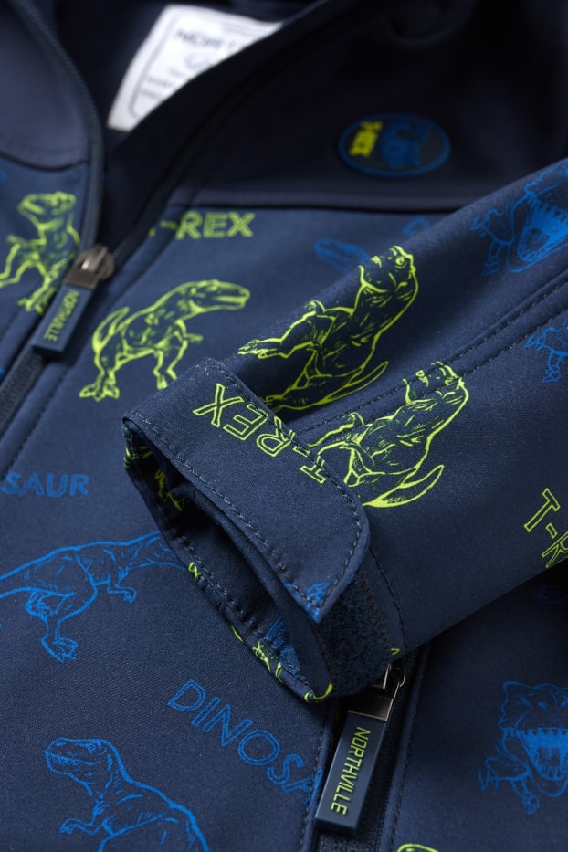 Enfants garçons - Dinosaure - veste à coquille souple avec capuche - étanche - bleu foncé