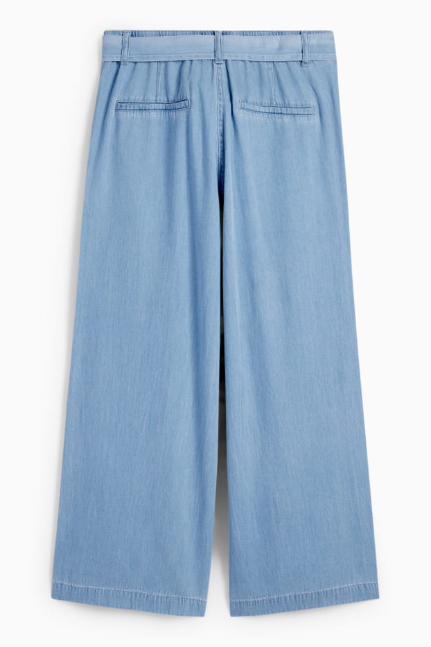 Dámské - Plátěné kalhoty - high waist - wide leg - světle modrá