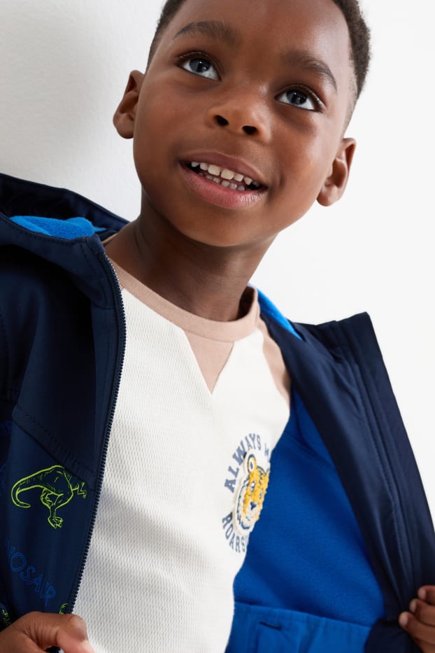 Enfants garçons - Dinosaure - veste à coquille souple avec capuche - étanche - bleu foncé