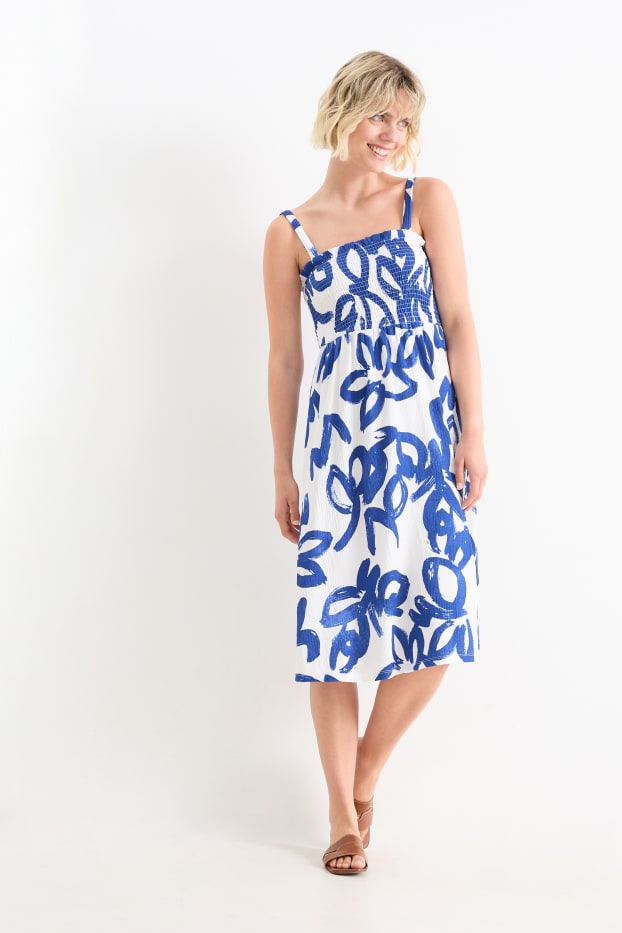 Damen - Fit & Flare Kleid - gemustert - gesmokt - blau