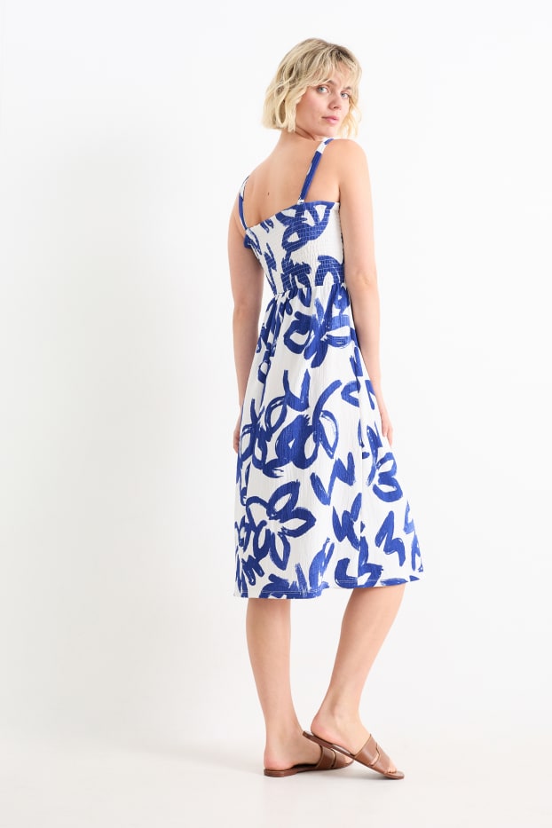 Damen - Fit & Flare Kleid - gemustert - gesmokt - blau